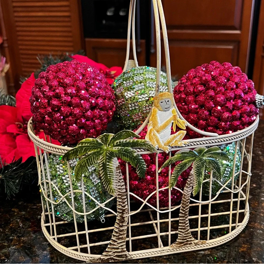 Large Tropical Palm Tree Wire Basket with Monkey Accent